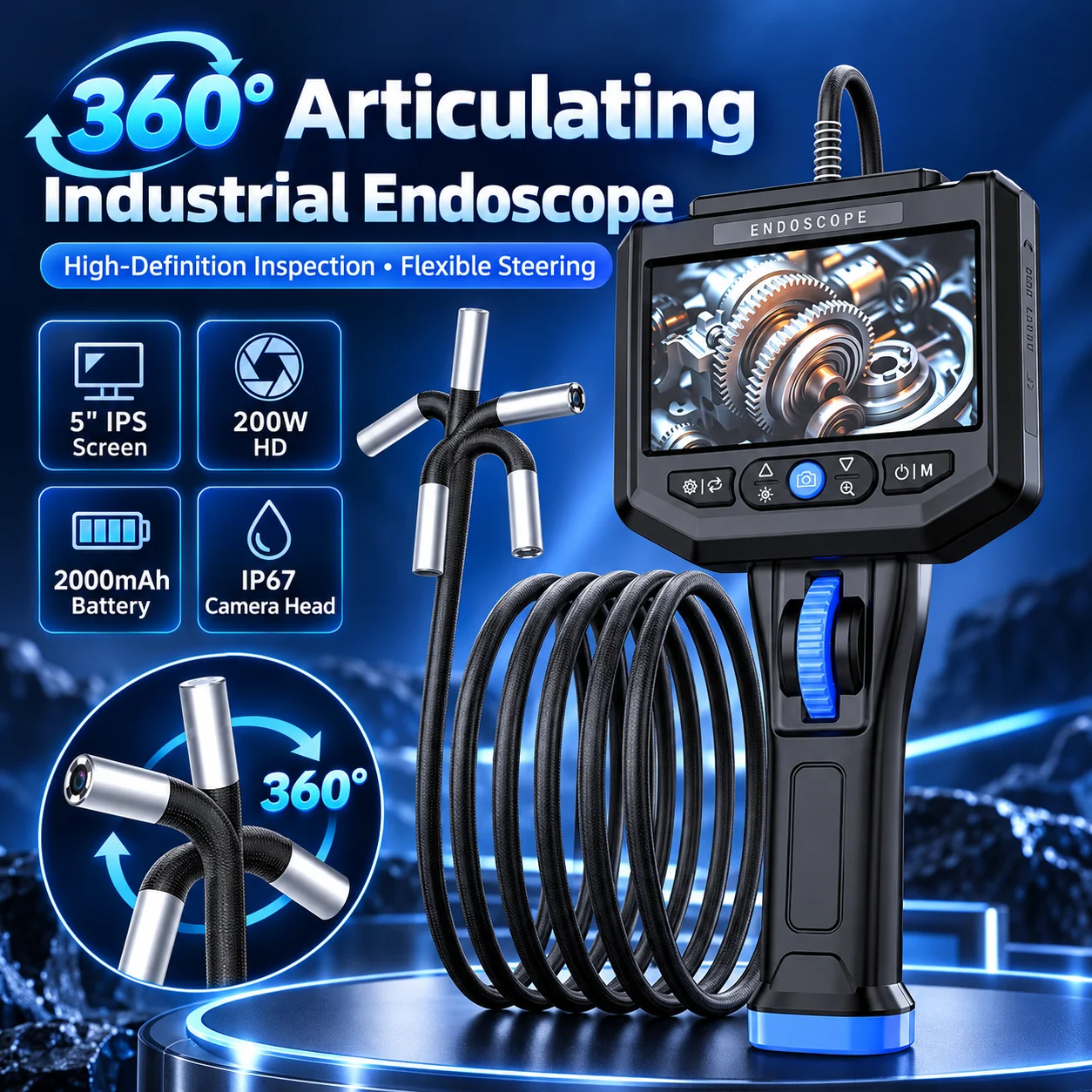 5 Inch Screen Steerable Industrial Endoscope 6.2mm 1080P 360° Rotating Lens IP67 Waterproof 6LED Borescope for Automotive Pipe