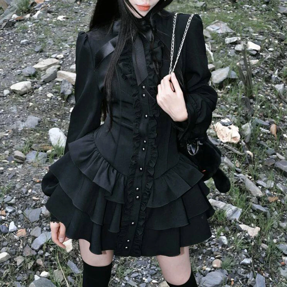 

Black Qiao Diablo Gothic Bow Long Sleeve Waist Dress Splicing Fungus Edge Fluffy Cake Short Skirt