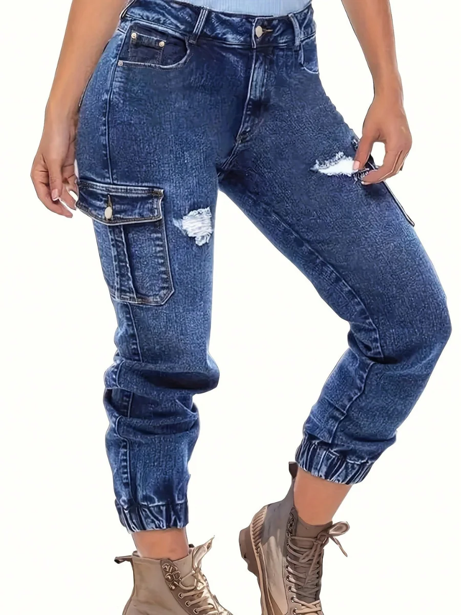 【HME】Jeans | Edgy Streetwear Dark Wash Denim Pants, Women Cargo Jogger Denim With Rivet Accent Side Pockets & Ripped Details, High Waist Tapered Elastic Ankle, Versatile Flattering Pants For All Casual Looks