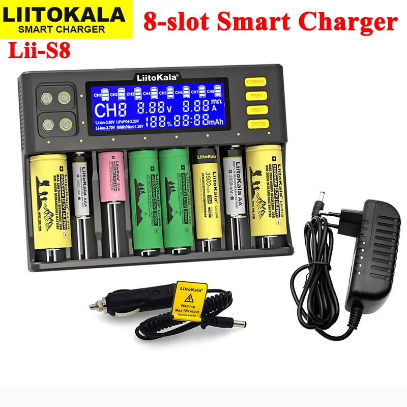 LiitoKala Lii-S8 Battery Charger Li-ion 3.7V NiMH 1.2V Li-FePO4 3.2V IMR 3.8V Charger  for 18650 26650 21700 26700 AA AAA