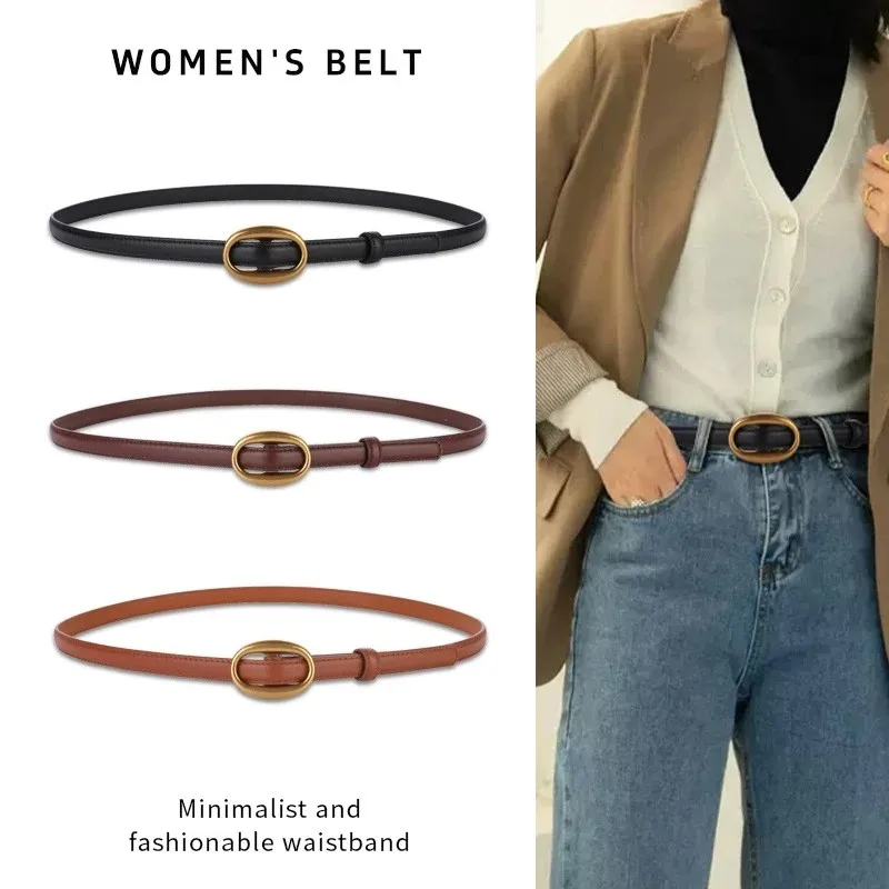

New Trend Women's Belt with Gold Buckle Fashion Casual Versatile Thin Belt Soft Genuine Leather Belt Dress Jeans Belts