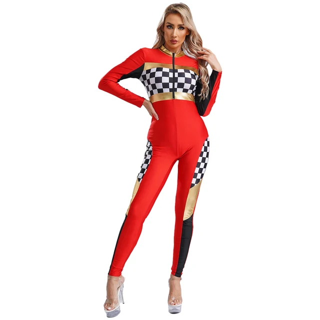 Damski Halloween Racer Driver przebranie na karnawał kombinezon z długim rękawem szachownica wyścigi samochodowe Romper cheerleaderek jednolite Clubwear