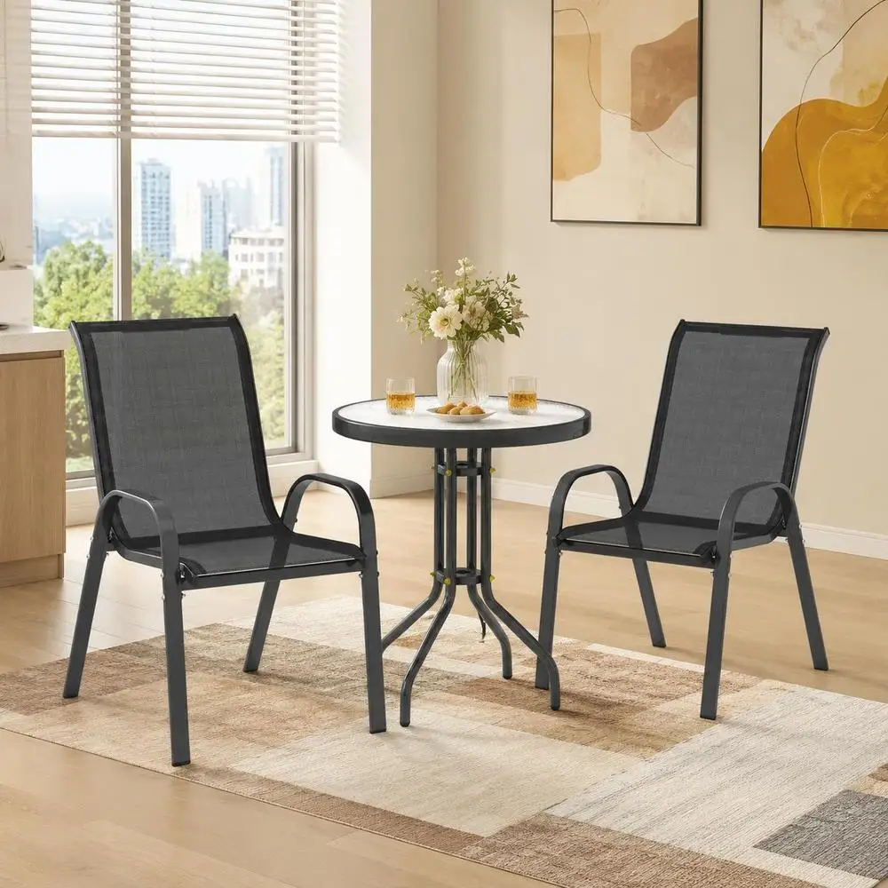 Ensemble de meubles de jardin 3 pièces, 2 fauteuils empilables, table basse avec plateau en verre trempé noir
