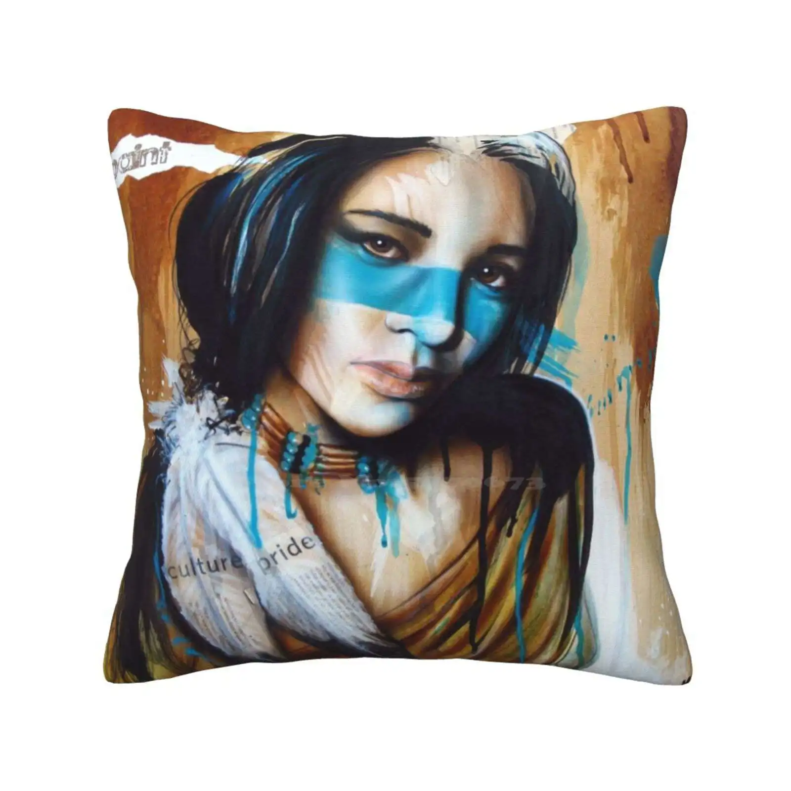 Warpaint | Art | Tim Miklos Pillow Cover Hug Pillowcase Woman Indian Feathers Pride Culture Airbrush Pretty Girl Beauty