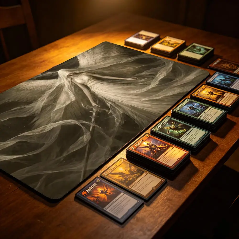 Dark Ghost Angel Tattered Veil Wings TCG Playmat Dark Fantasy Art Premium Rubber Large Gaming Desk Mat Decor Gift for Gamers