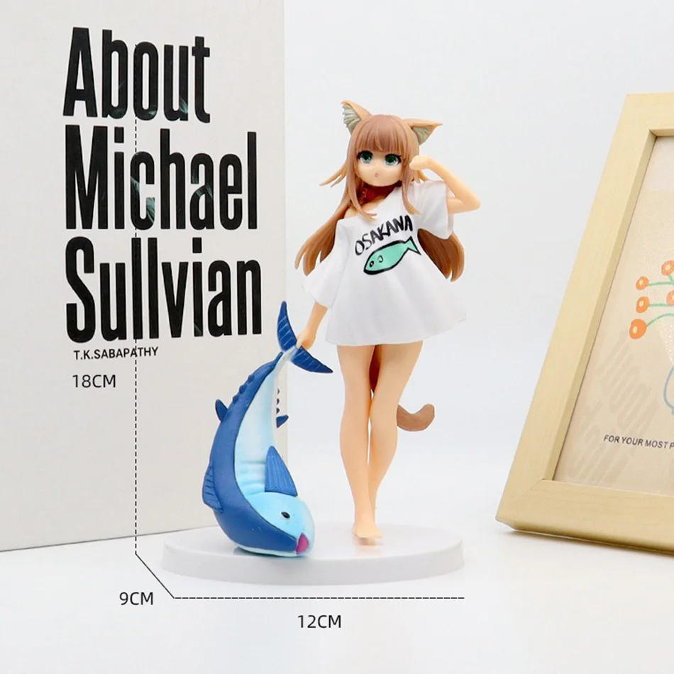 Kawaii القط فتاة أنيمي الشكل 13-18 سنتيمتر يجلس أكل الأسماك الذهبي رئيس تحصيل بولي كلوريد الفينيل نموذج دمية لعبة على أساس ساكورا فول الصويا