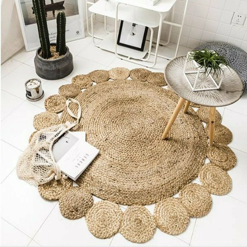 

Round Rug Jute Circle Design Braided Farmhouse Jute Area Rug Rustic Look Carpet Bedroom Floor Decoration