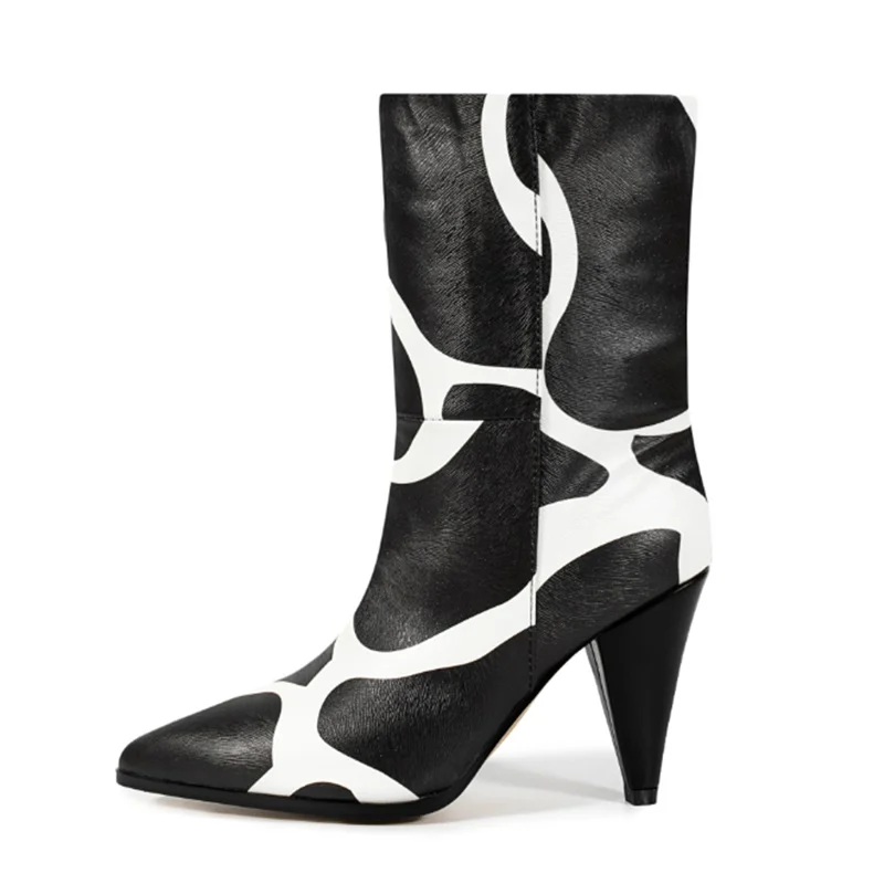 Abstract Black White Print Mid‑Calf Boot Pointed Toe Cone High Heel Side Zipper Retro Fashion Winter Party Dress Boots
