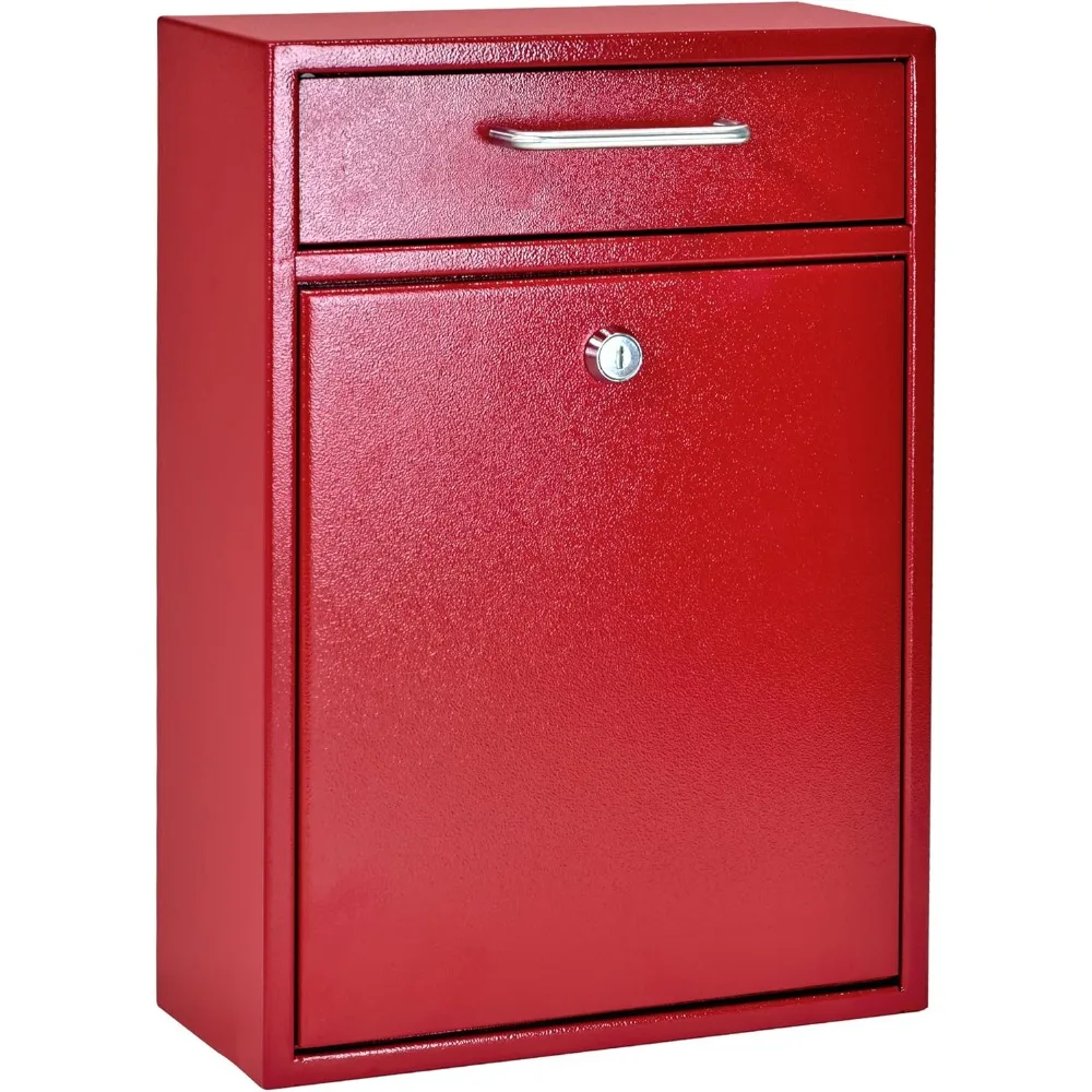 High Security Steel Locking Wall Mounted Mailbox Office Drop Comment Letter Deposit Box, Red