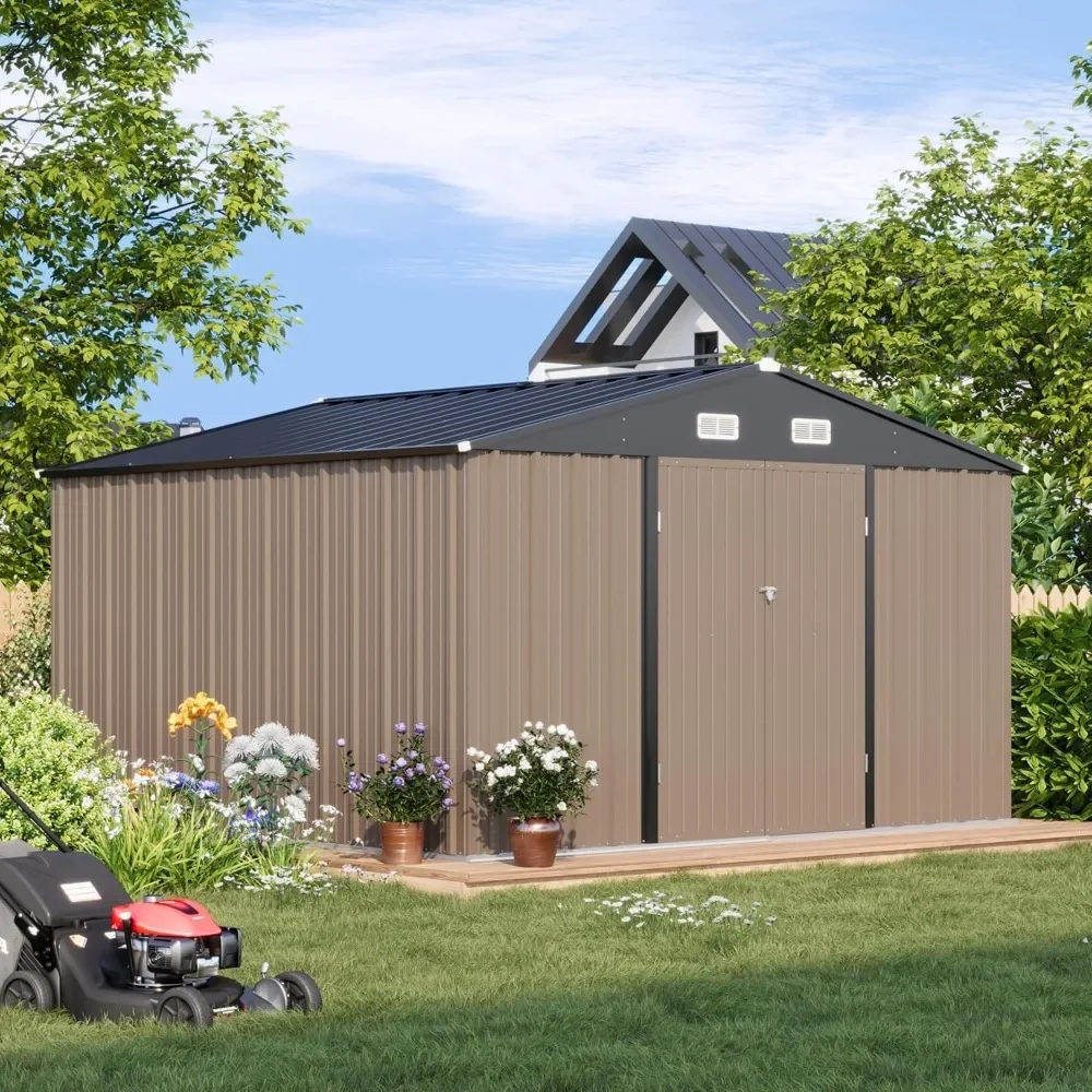 10 x 10 FT Outdoor Storage Shed with Floor Frame, Metal Yard Shed with Design of Lockable Doors, Utility and Tool Storage