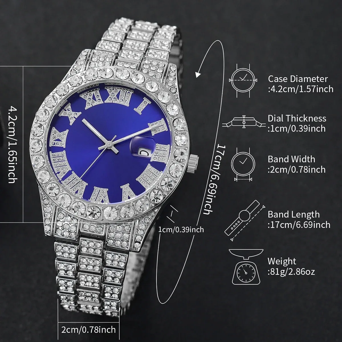 2PCS/Set Ladies' Steel Strip Fashion Casual Full Diamond Roman Blue Dial Quartz Watch And Full Diamond Bracelet（Without Box）