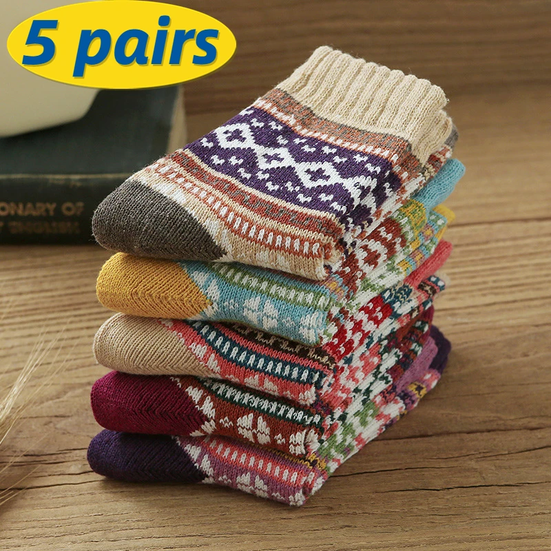 

5 Pairs Winter Woolen Socks Thicken Sheep's Wool Socks Warm Retro Style Colorful Fashion Man Women Socks for Snow Boots