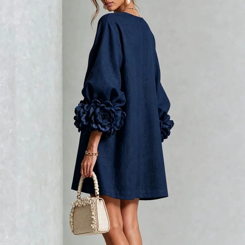 Elegant Solid Dresses Women Round Neck Lantern Sleeve 3D Flower Cuff Decorative Button Loose Short Dress Casual Streetwear Dress