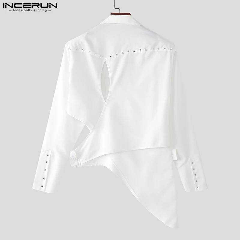 INCERUN Męska asymetryczna marynarka, jednolity kolor, klapy, długi rękaw, ażurowa, casualowy garnitur męski, moda streetwear, cienkie płaszcze, męska marynarka