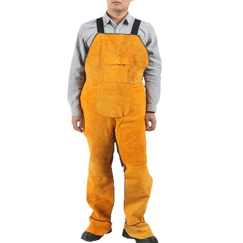 Cowhide Welding Strap Jumpsuit Wear-resistant Heat Insulation Fire-proof Welding Workwear Suit Bib Leather Jumpsuit