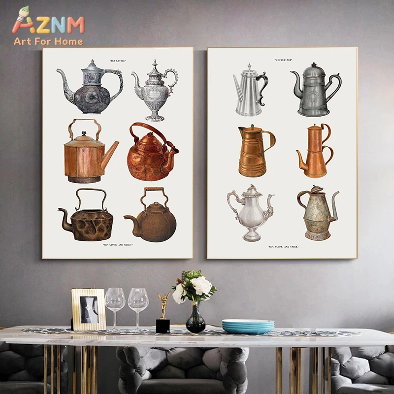 AZNM Vintage Teapot Kettle Canvas Wall Art, Retro Kitchen Utensil Print, Frameless Dining Room Decor Painting