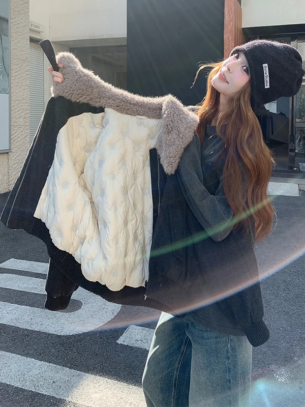 여성용 테이니드 오트 워크웨어 다운 재킷 양털 칼라 겨울용 따뜻한 화이트 다운 이너 코트 캐주얼 루즈핏 지퍼