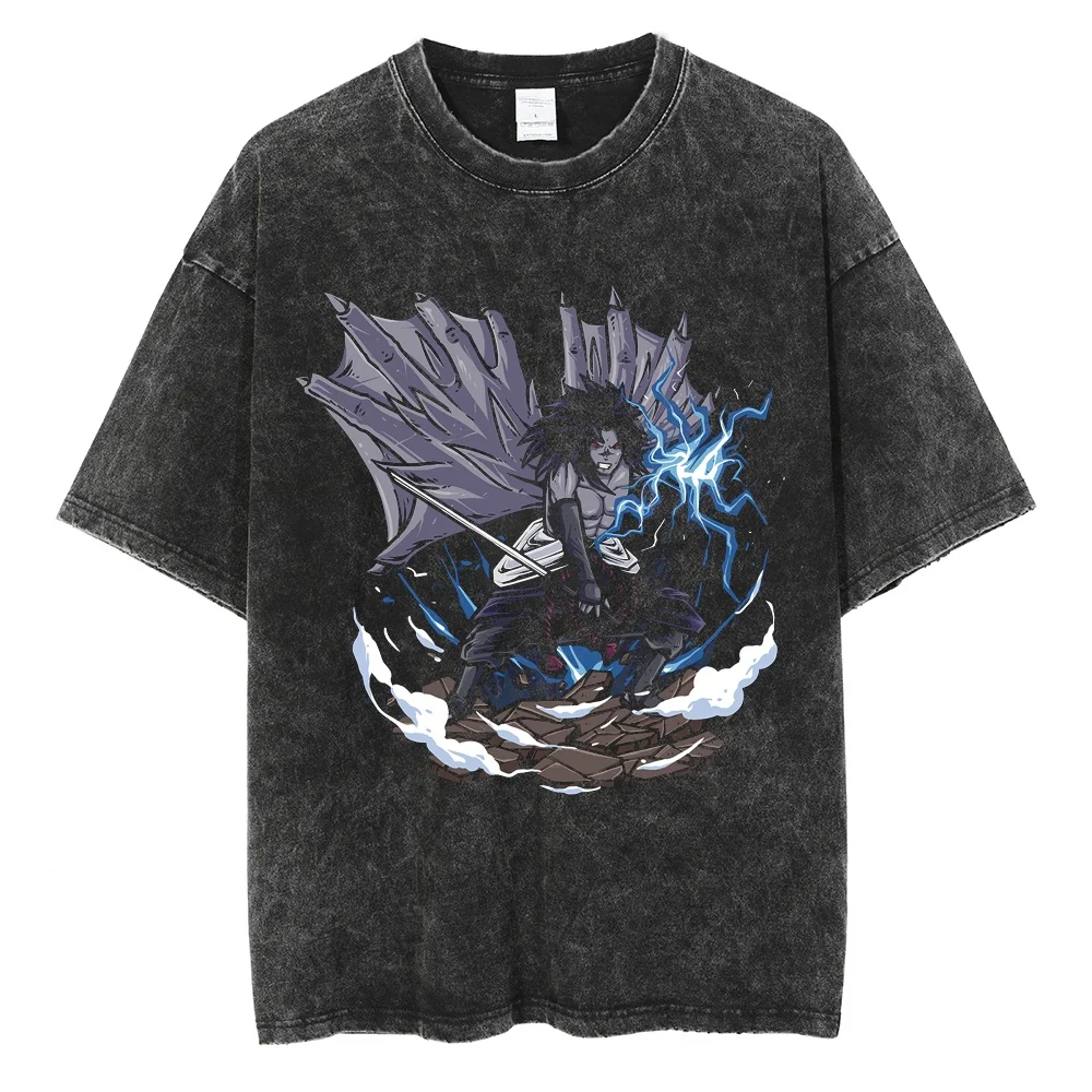 Men Harajuku Streetwear Vintage Black Tshirt Anime Naruto Print T-Shirt Summer Fashion Cotton Tops Tees Loose Washed Clothing