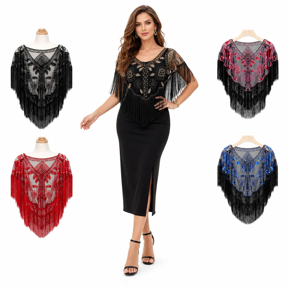 New Mesh Wrap Sequined Shawl With Tassel Cloak Flapper Shawl Sheer See Through Tulle Shawl Cape Cover Up Women