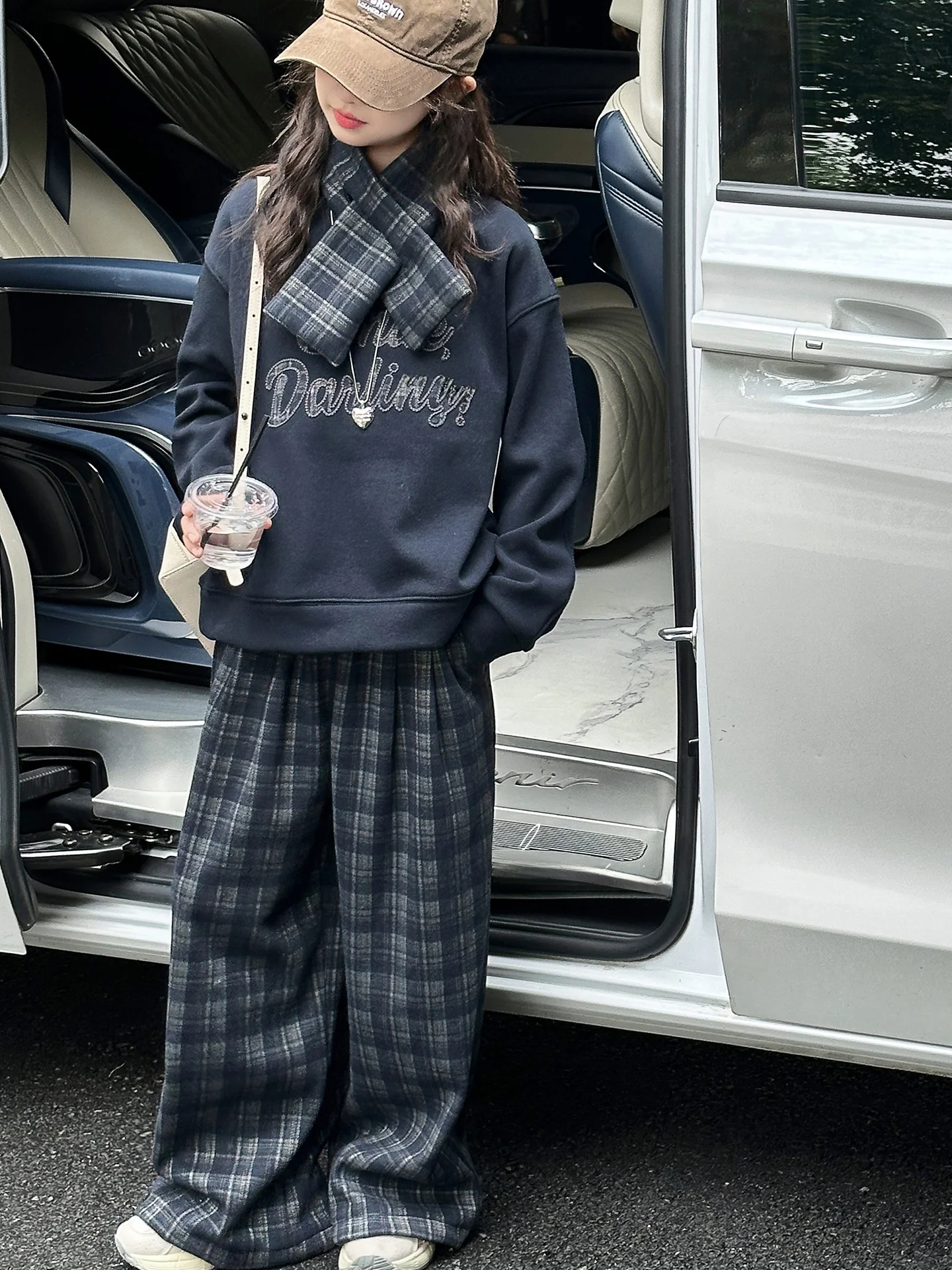 

Thiened Fce Girls' Outfit Autumn Winter Plaid Pants Sweatirt Tee-piece Set High Waist Long Sve Casual Sle Child...