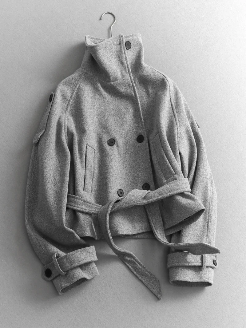 Women's Solid Color Double Breasted Loose Versatile Overcoat with Waist Loop Winter New Long Sleeved Woolen Coat J2141