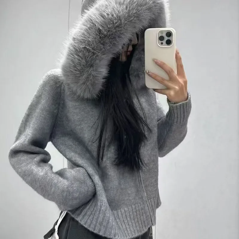 

Autumn Winter Fashion Warm Hooded Knitted Sweater Solid Color Chic Full Zip Casual Long Sleeve Cardigan Outwear Warm Knitwear