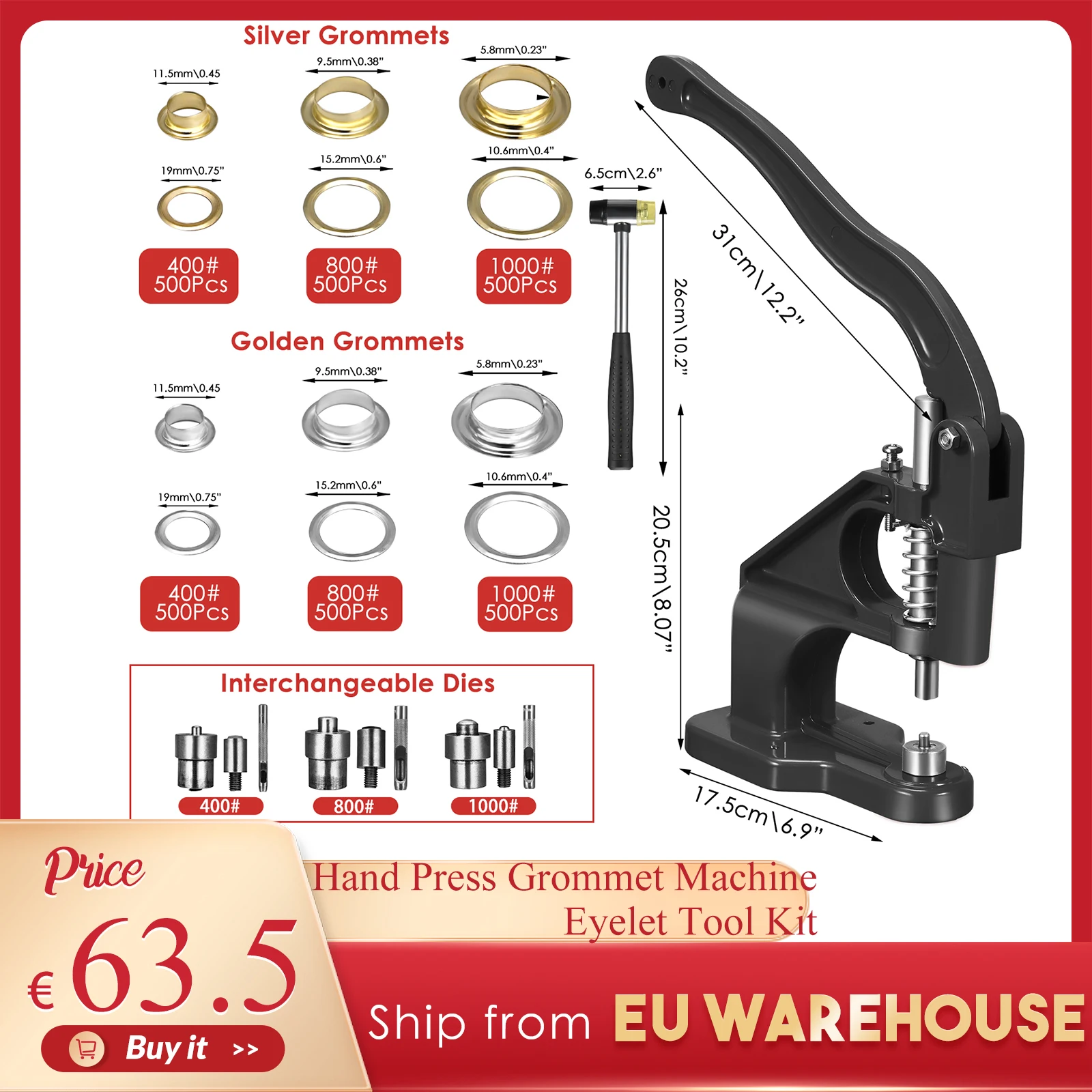 Hand Press Grommet Machine Eyelet Tool Kit with 3 Dies 3000Pcs Grommets Eyelet and Hole Punch Tool Kit for Banner (#0#2#4)