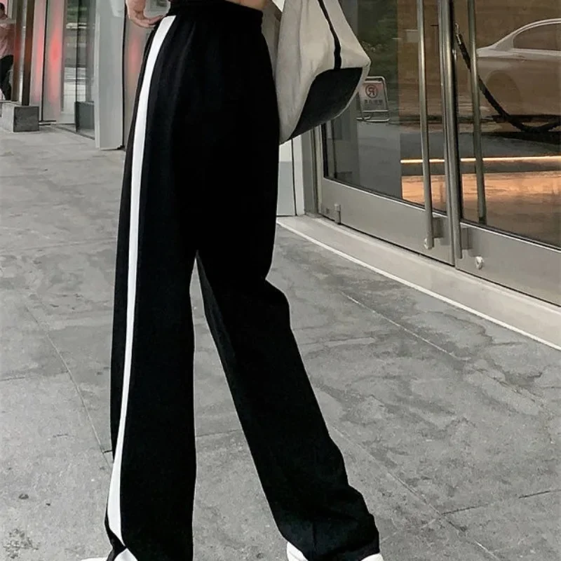 Full Length Pants Women Lace-up High Waist Straight Patchwork Side Striped Korean Style Leisure Fashion Chic All-match Causal