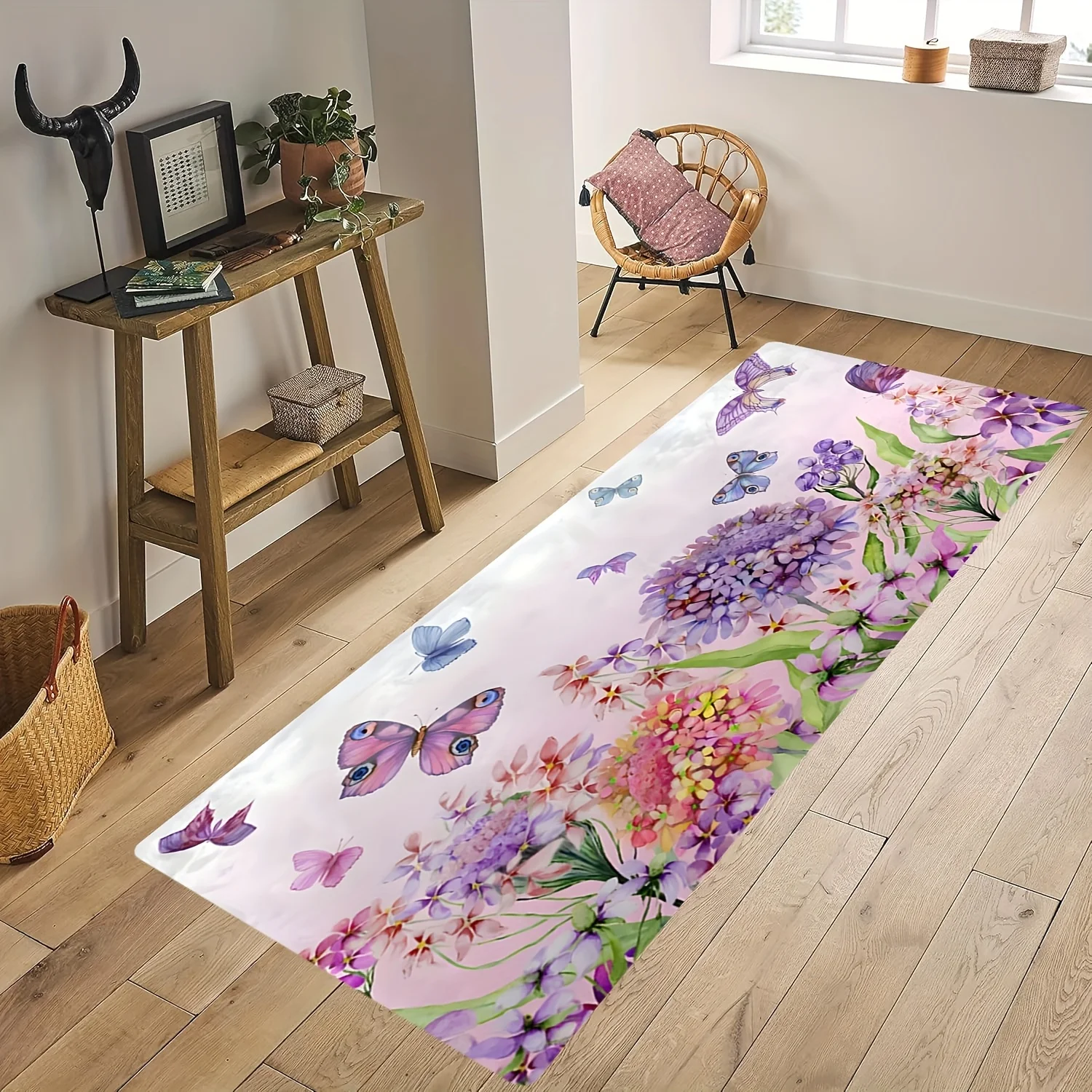 

Watercolor Purple Flower and Butterfly Print Kitchen Mat,Non-Slip Washable Durable Runner Rug Kitchen,Bathroom,Laundry Room