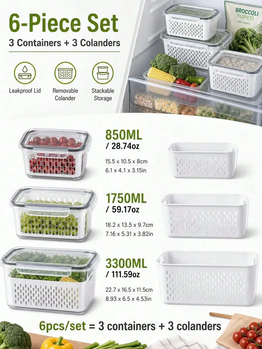 Space Saving Produce Keeper Set for Kitchen Shelf and Fridge Drawer for Stackable Fridge Bin