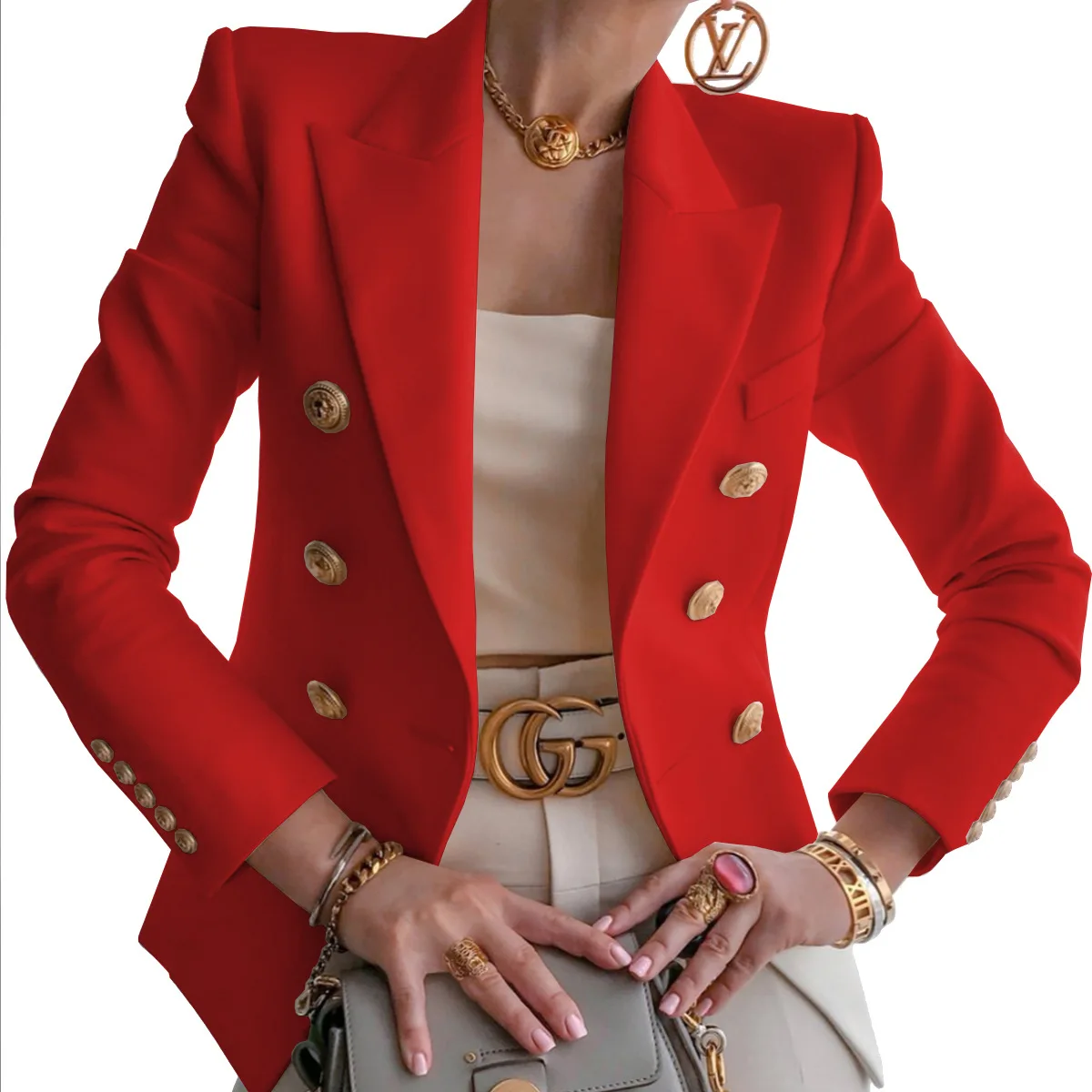 Blazer de doble botonadura para mujer, Chaqueta de traje elegante de manga larga, a la moda, color blanco y negro, para oficina, Invierno