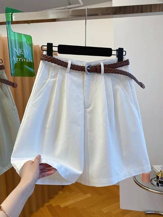 

Белые повседневные брюки трапециевидной формы средней длины, женские летние 2023, новые свободные универсальные широкие брюки с поясом, длина пять четвертей