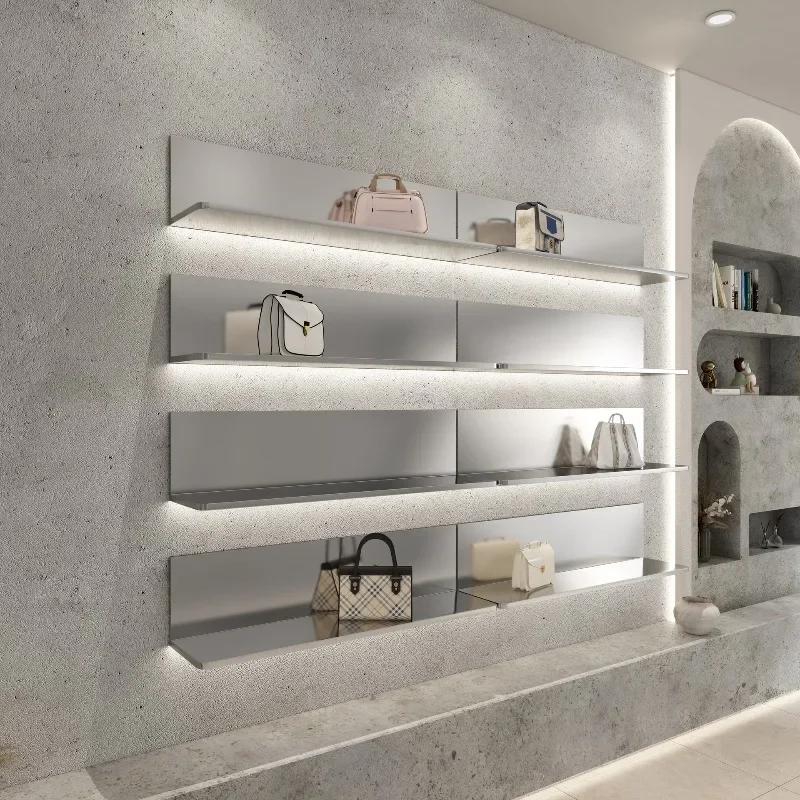 Wall luminous wrought iron laminate rack, background wall decorative rack, one-word baffle display rack with lamp