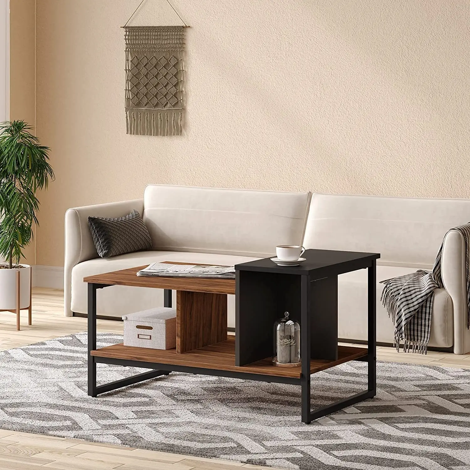 Simple retro double-layer tea table creative rectangular simple coffee table living room wooden wrought iron tea table