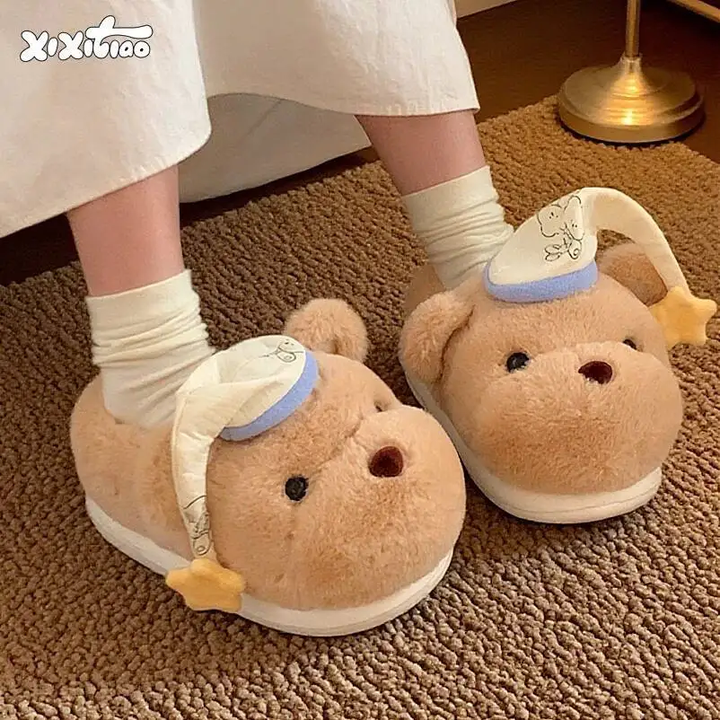 

bear home slippers 2025 Winter New Women's Cute Cap Bear Cotton Slippers Anti Slip Warm Furry Closed Back for Home & Maternity