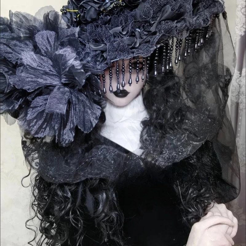 Dark Handmade Gothic Witch Wide Brim Hat, Vintage Lolita Widow Hat, Halloween Cosplay Party & Photo Shoot Headpiece for Girls