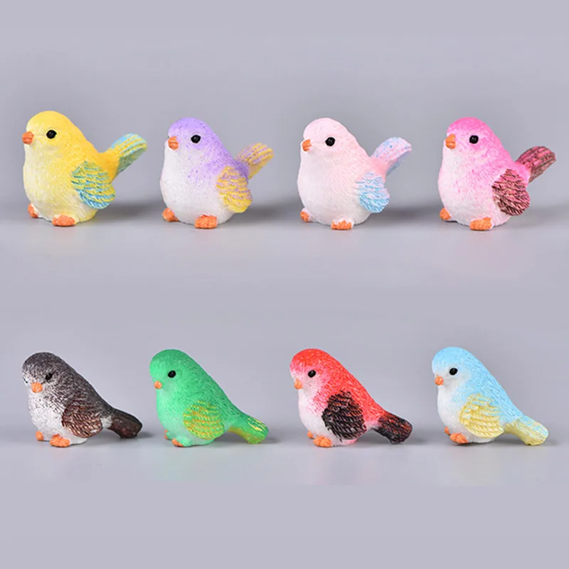 Figuritas en miniatura de 8 piezas para niños, minifiguras de simulación de pájaros, decoración de jardín de hadas para el hogar, accesorios de artesanía de resina, regalo