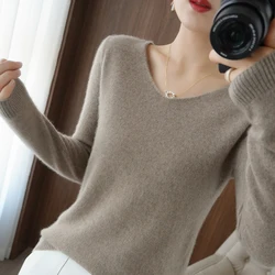 100% Pure Merino Wool Sweater Women V-neck Pullover Autumn /winter Casual Knit Tops Solid Color Regular Female Jacket Hot