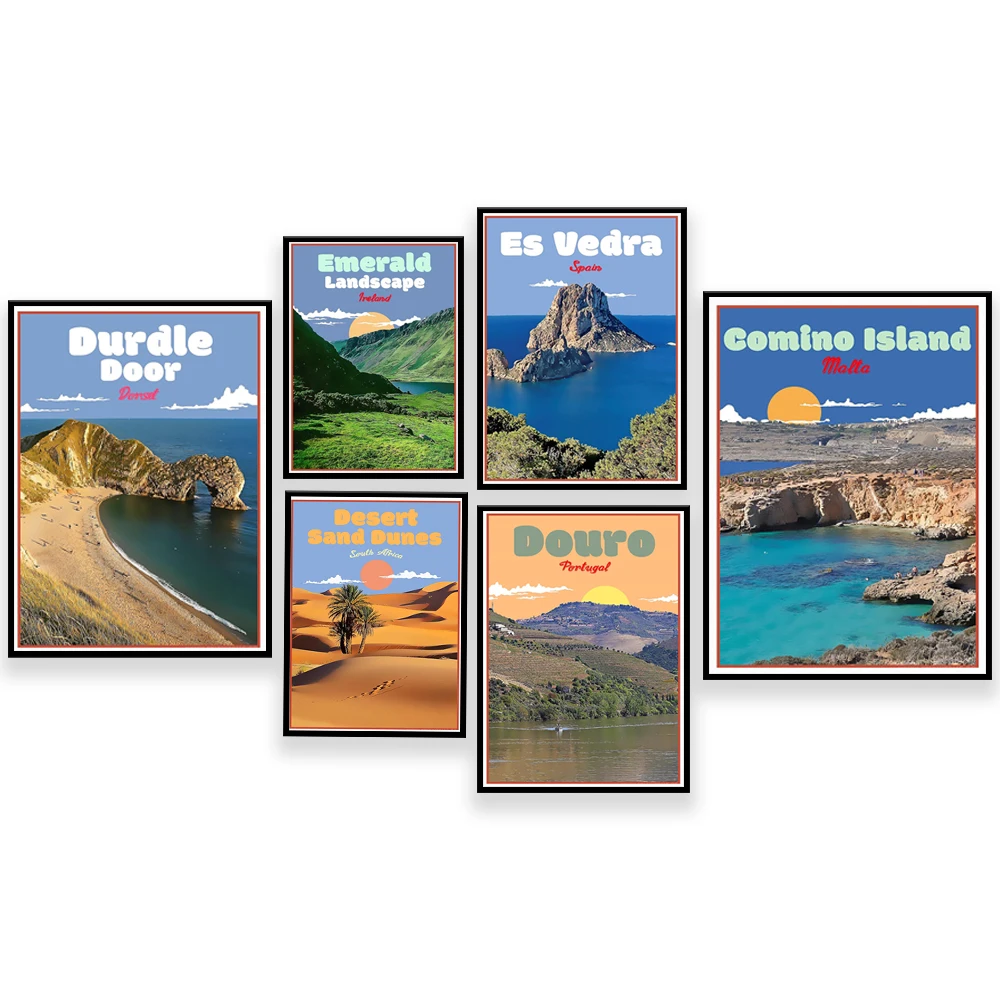 Póster de viaje natural de la isla de Comino, España, Dunes del desierto, Irlanda, Causeway del gigante, Parque Nacional Dartmoor, Devon, Esvedra Ibiza