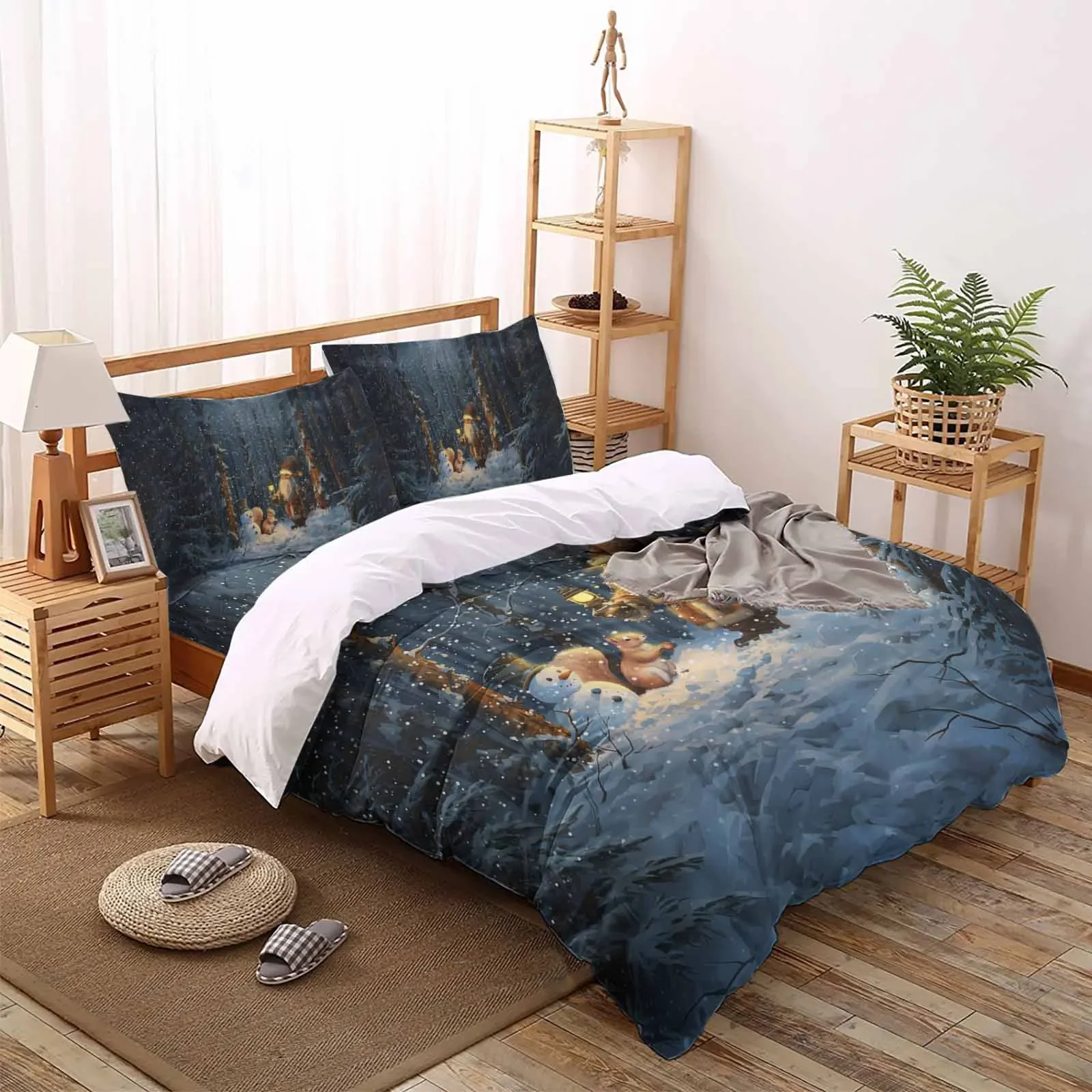 Christmas Tree Forest Night The 4-piece textile set on the bed includes two pillowcases one duvet one bedsheet customization