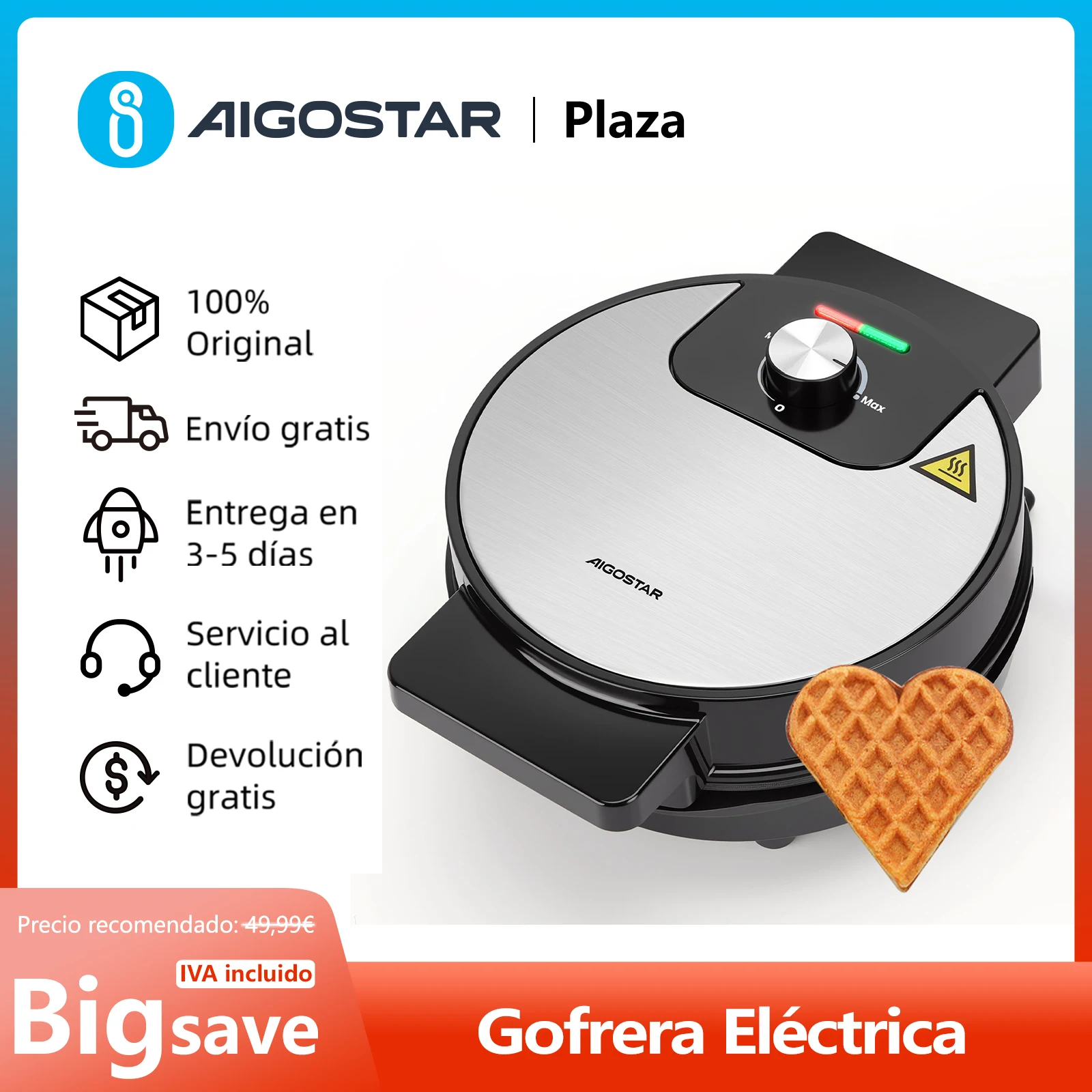 Gofrera Eléctrica de 1000 W, Revestimiento Antiadherente, 5 Gofres en Forma de Corazón, Temperatura Regulable, Libre de BPA