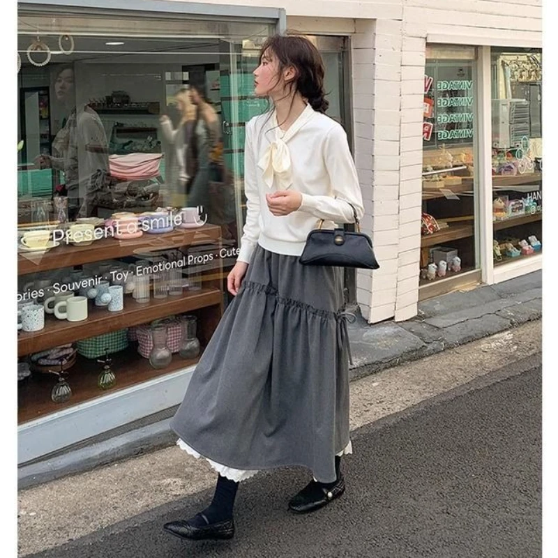 

Deeptown Gray Preppy Style Long Skirt Women Korean Style Vintage Harajuku Midi Skirt Elegant Casual Patchwork Ruffle Skirts