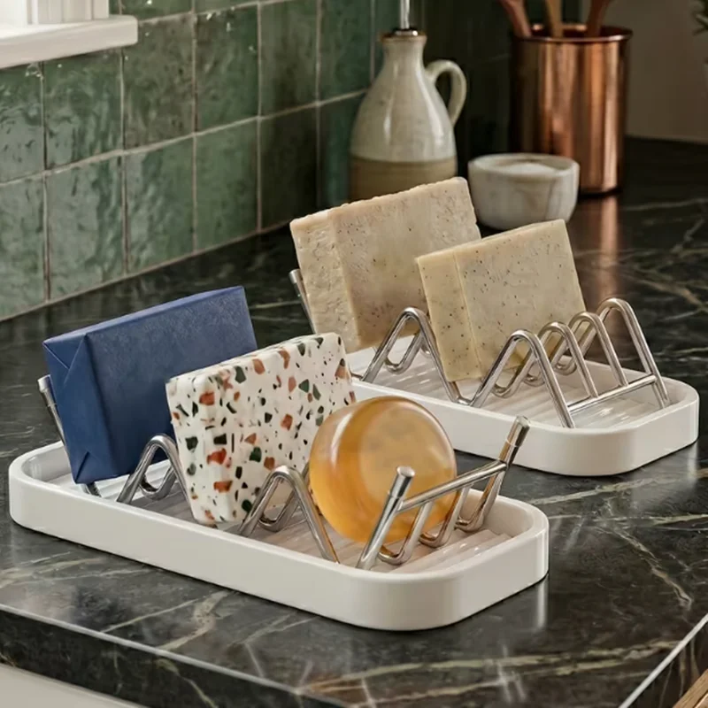 304 Stainless Steel Soap Holder, Soap Dish with Drip Tray, Bathroom Draining Soap Organizer, Counter‑Top Punch‑Free Soap Rack