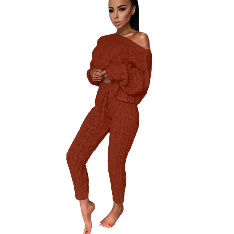 Women Sweater Matching Sets O-neck Loose Knitted Sweater Tops and Pant Sets Fashion Knit Two-piece Solid Women Set Autumn Winter