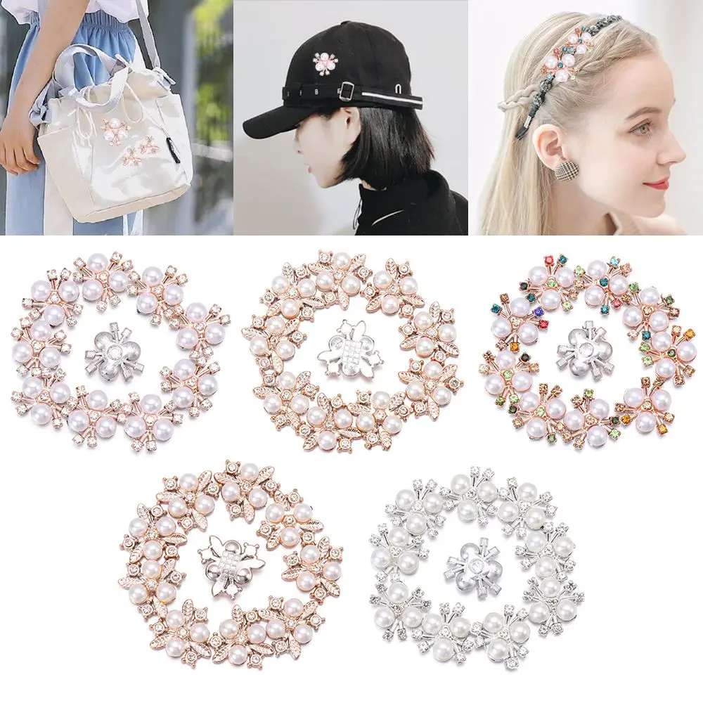 10PCS Sparkling Flower-shaped Crystal Pearl Button Headwear Clip Pearl Hairpins Rhinestone Buttons