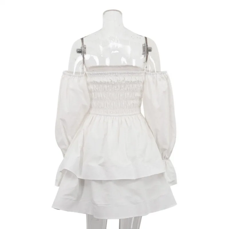 Ticketsx Fashion Off Shoulder Ruched Long Sleeve Mini Dress Elegant White High Waist Slim Dress Woman Autumn Party Evening Dress