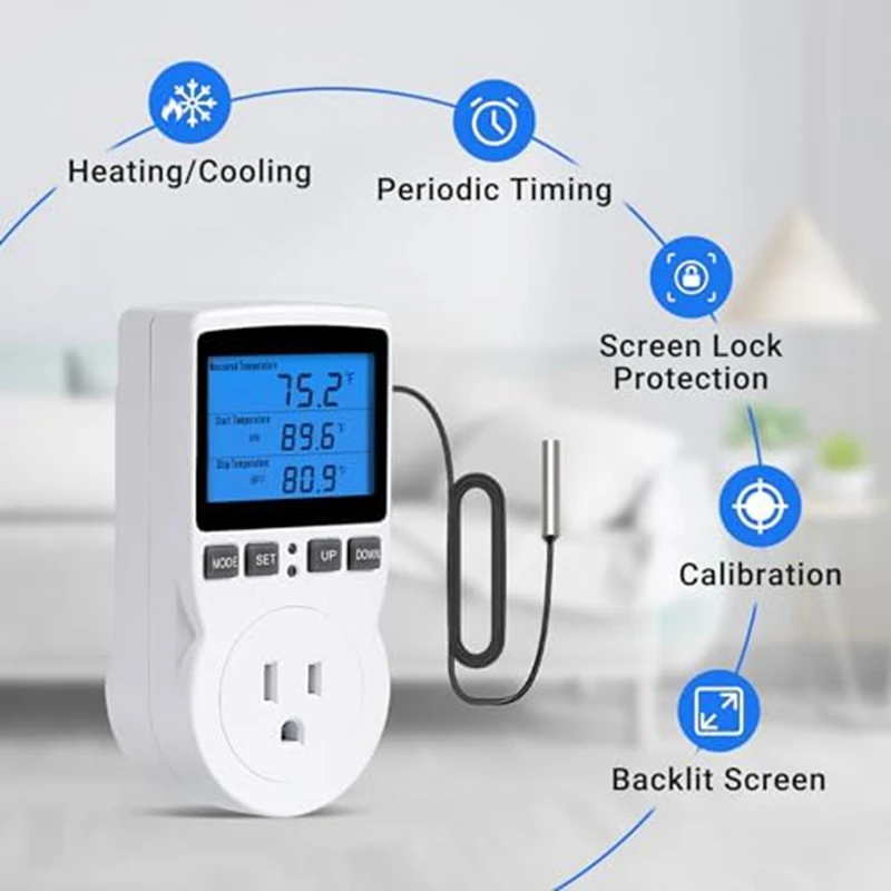 1 PCS Plug-In Thermostat Temperature Controller Socket Heating Cooling Control Timer 1800W 110V 15A Backlit Display ABS US Plug