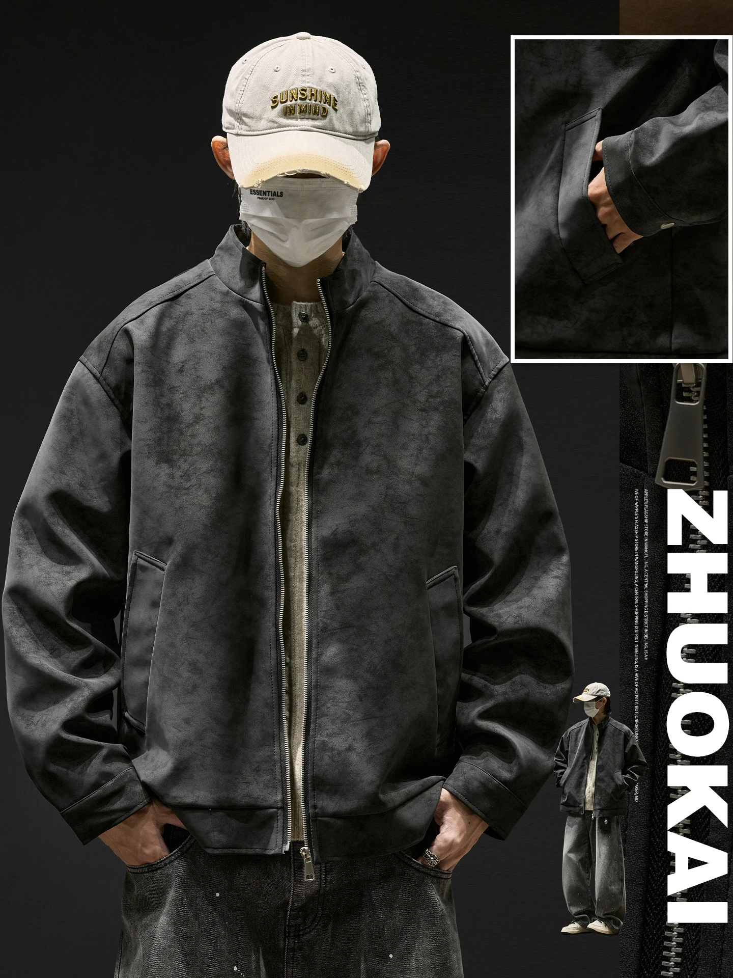 

Men's Suede Jaet Loose Fit Zipper Closure Stand Collar Workwear Casual Retro Sle Autumn Winter Outerwear Polyester/Nylon ...