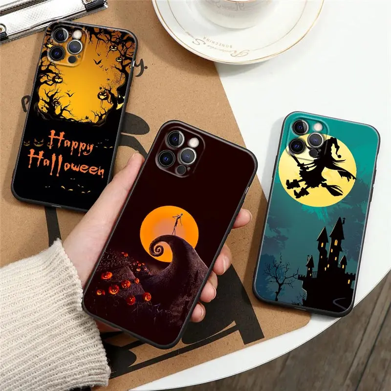 Happy Halloween Black Case for IPhone 12 11 13 14 Pro Max XS 15 8 7 Plus SE 2 Cover Horrible Cat Bat Pumpkin Witch Castle Fundas