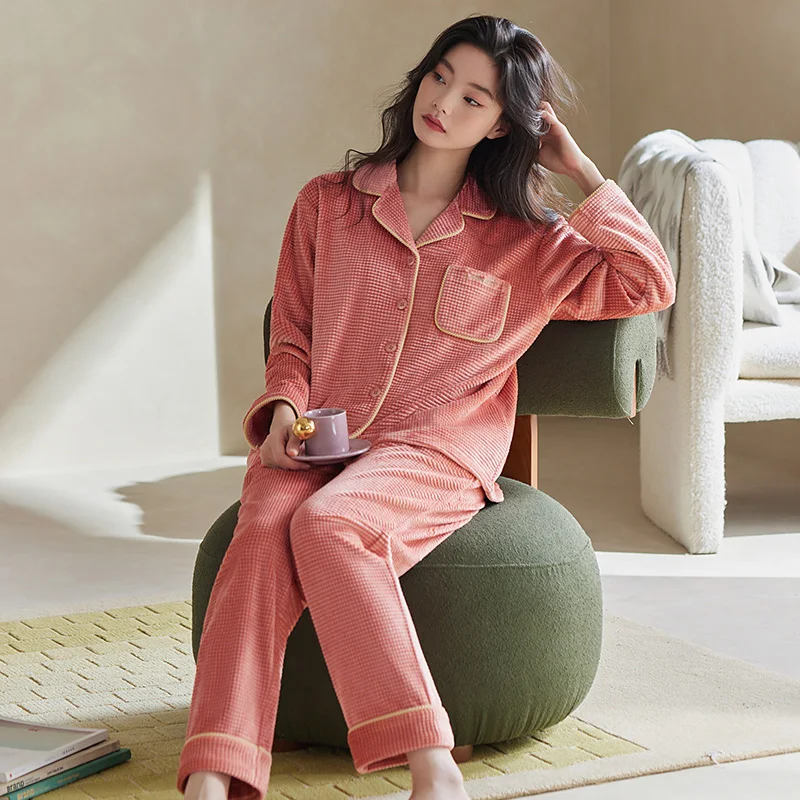 Thick Island Velvet Women Pajamas Set Autumn Winter Keep Warm Coral Fleece Sleepwear Homewear For Female Peignoir Women Clothes